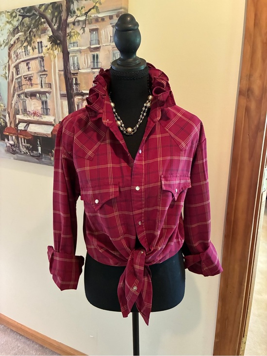 plains western wear Tops - Women's Burgundy Plaid Button-Down Shirt - Tie Front